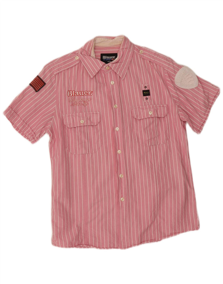 Camisa masculina Blauer gráfica de manga curta grande algodão listrado rosa