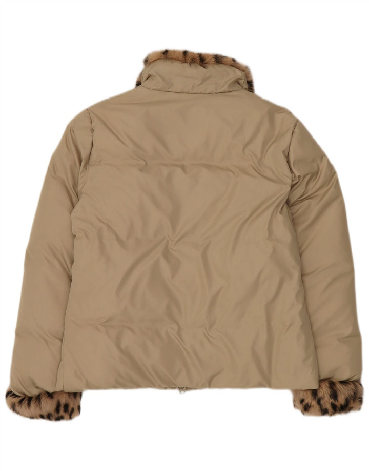 Jaqueta acolchoada superdimensionada feminina vintage Reino Unido 10 estampa animal bege pequena