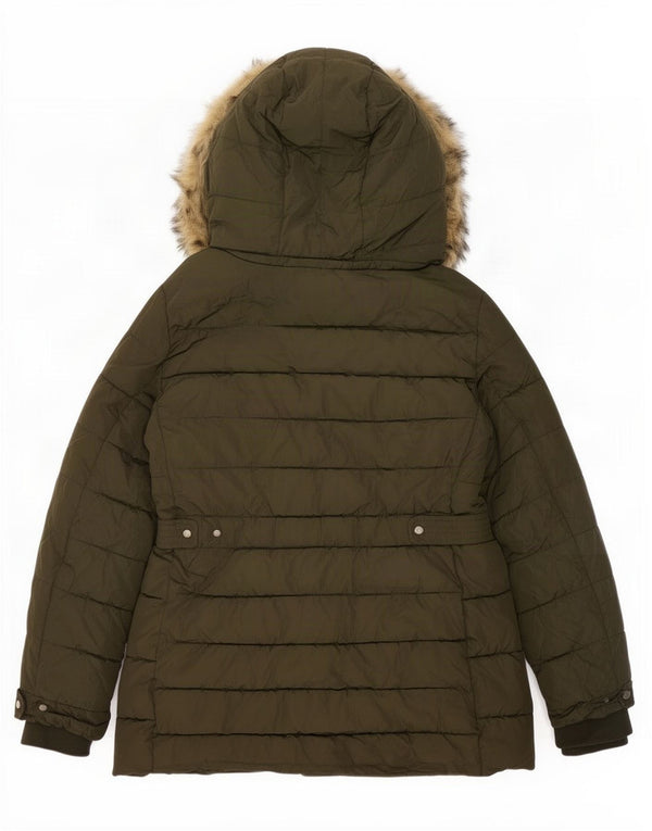 Jaqueta acolchoada com capuz feminina Zara UK 16 grande poliéster cáqui