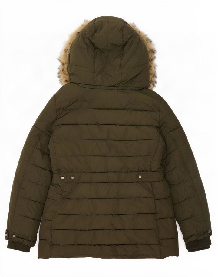 Jaqueta acolchoada com capuz feminina Zara UK 16 grande poliéster cáqui