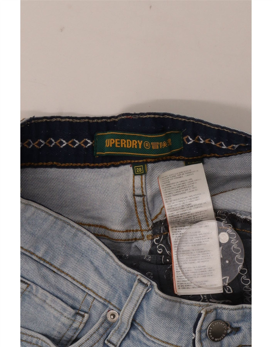Shorts jeans feminino Superdry W28 algodão azul médio