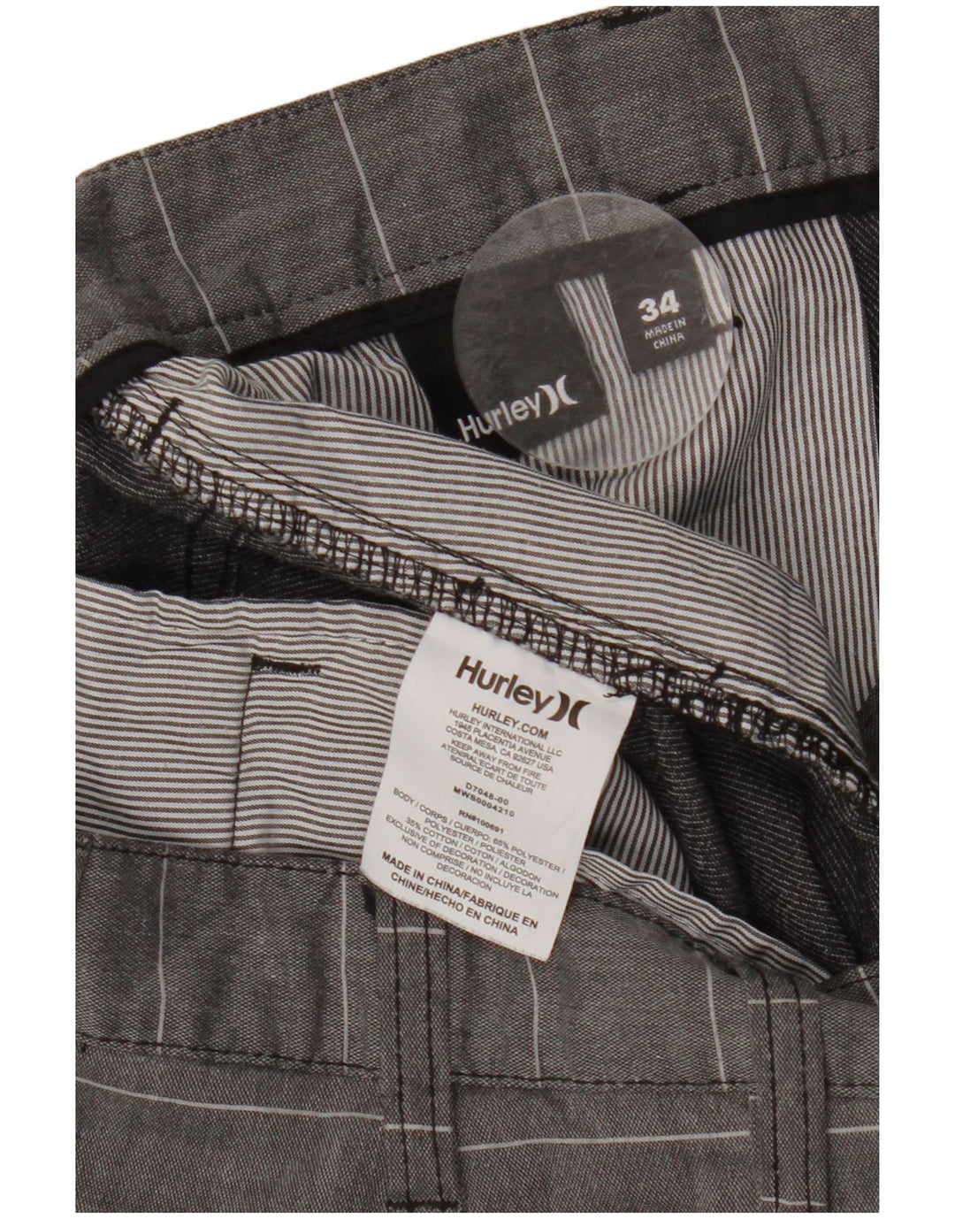 HURLEY Mens Nike Dri Fit Chino Shorts W34 Grande Cinza Risca de Giz Poliéster