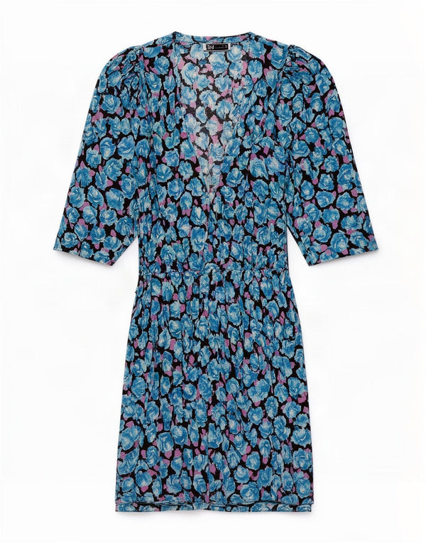 Vestido feminino Zara manga 3/4 com bainha UK 8 pequeno azul floral