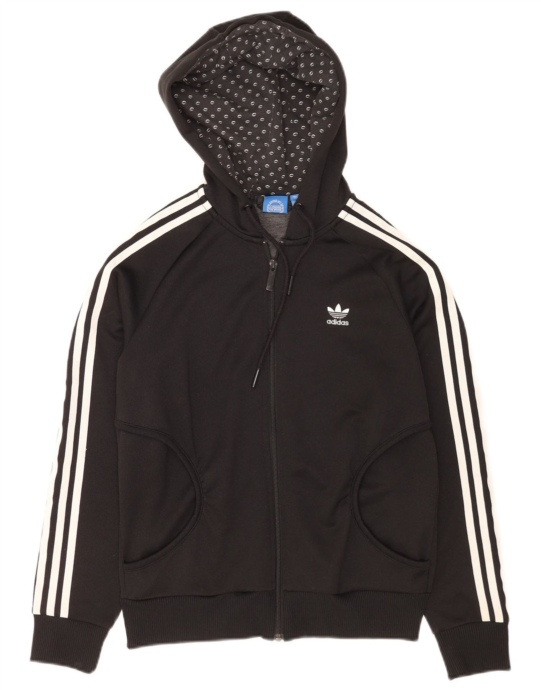 Suéter feminino Adidas com capuz e zíper gráfico UK 12 poliéster preto médio