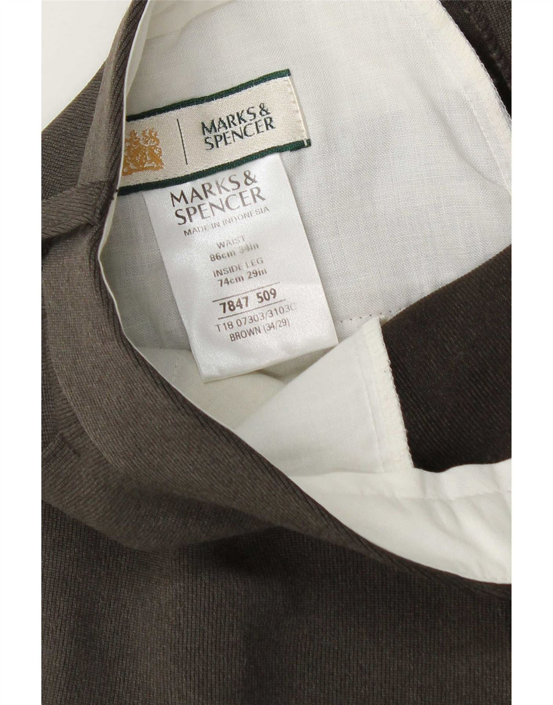 Calça masculina de terno cônico Marks & Spencer W34 L29 poliéster marrom