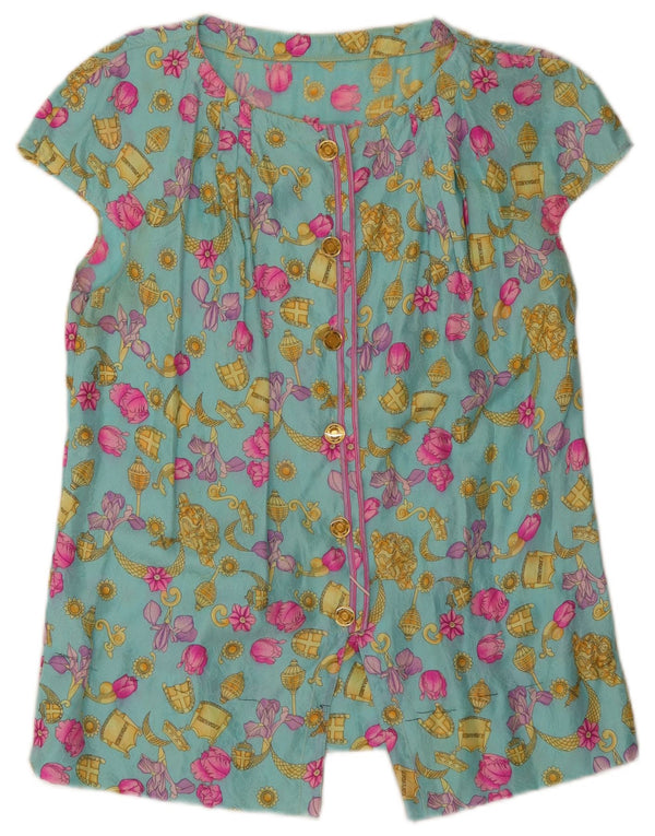 Blusa feminina vintage de manga curta UK 10 pequena turquesa floral