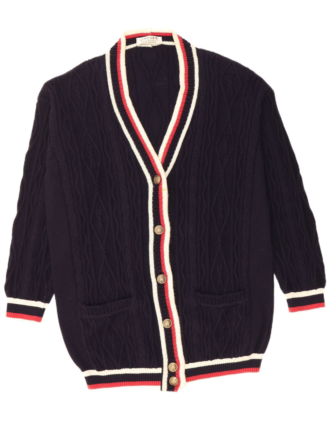 Suéter cardigã feminino grande JAEGER Reino Unido 10 pequeno bloco colorido azul marinho