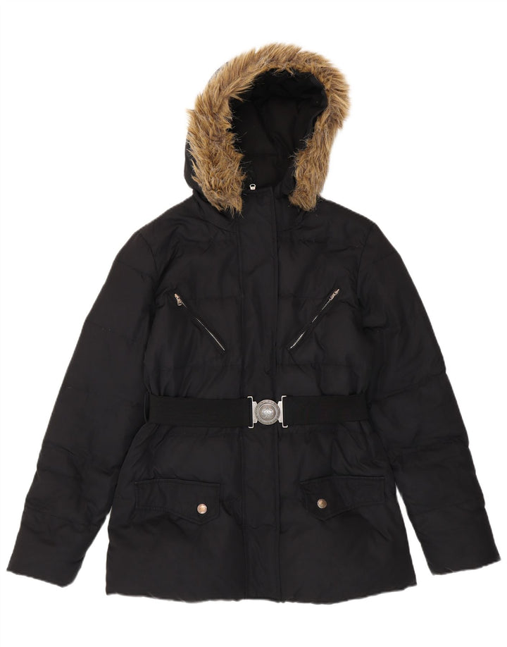 Jaqueta acolchoada com capuz feminino Ralph Lauren UK 10 poliéster preto pequeno