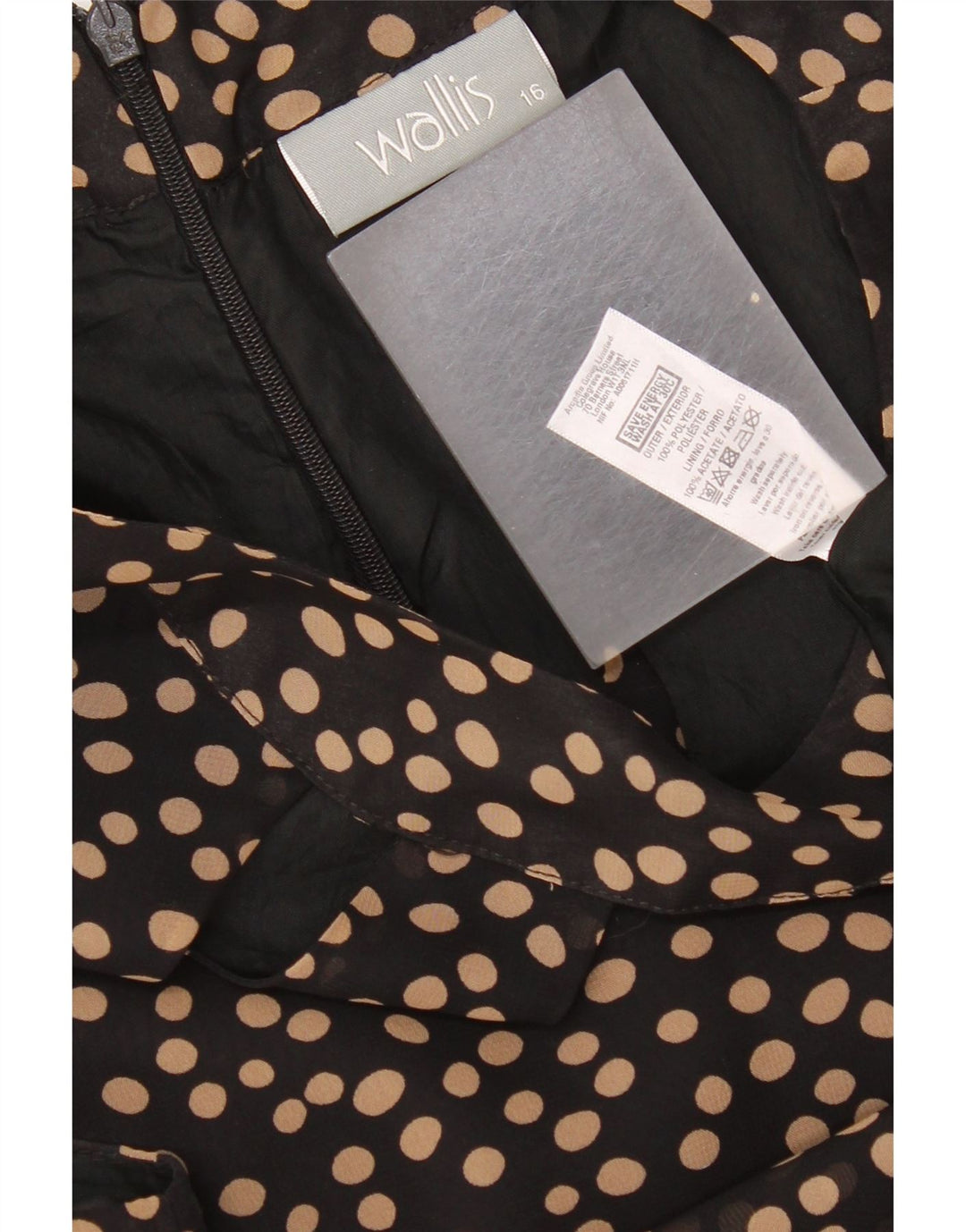 Vestido feminino Wallis sem mangas evasê UK 16 grande poliéster preto com bolinhas