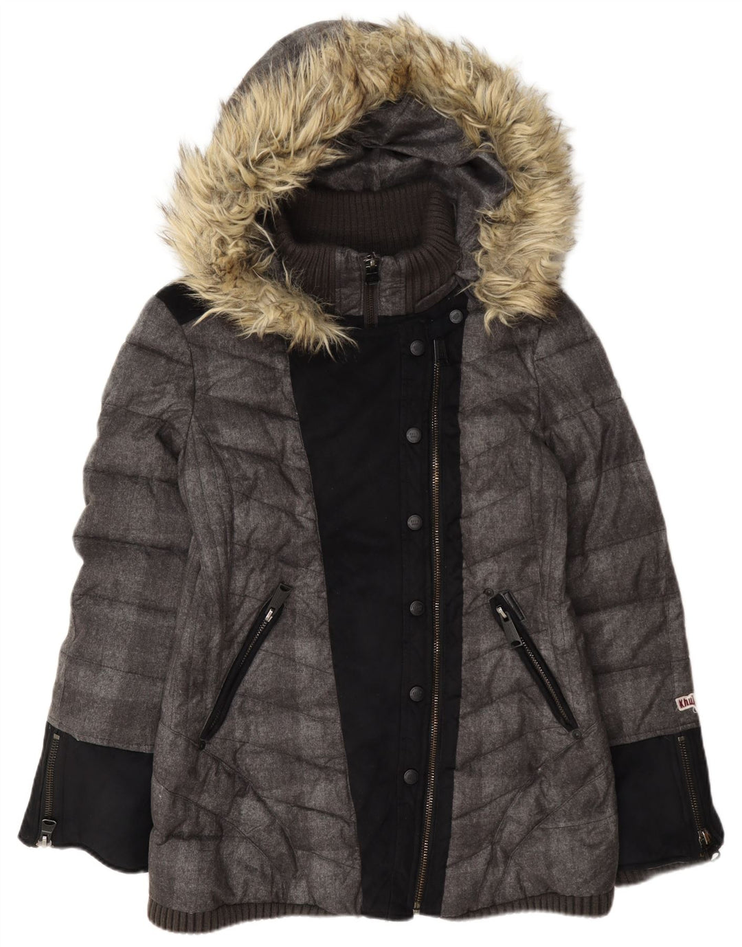 Jaqueta feminina acolchoada com capuz KHUJO UK 18 XL cinza colorblock poliéster