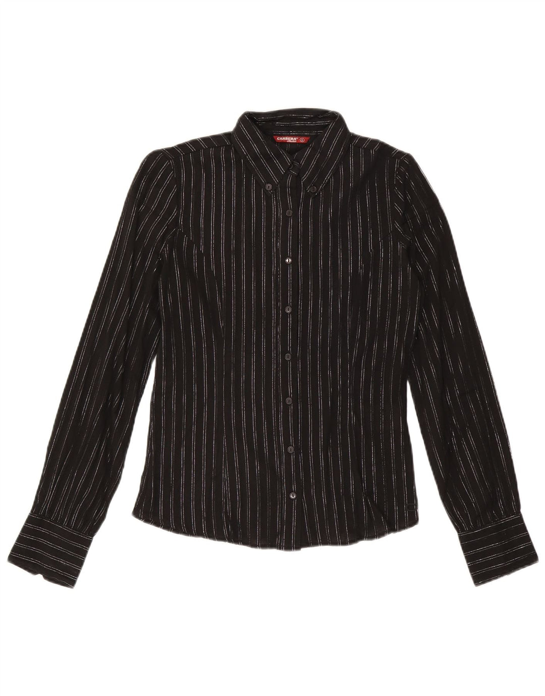 Camisa feminina Carrera UK 10 pequena listrada preta de algodão