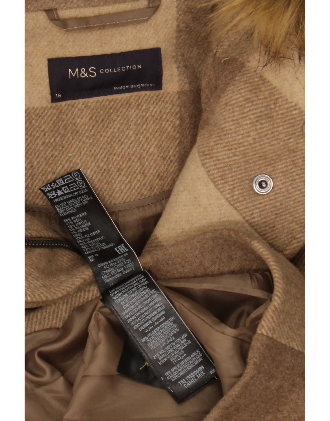 Casaco Duffle feminino com capuz MARKS & SPENCER Reino Unido 16 grande xadrez marrom
