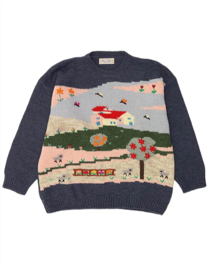 Suéter vintage masculino com gola redonda e lã grande azul marinho