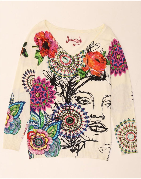Suéter feminino Desigual com decote em V gráfico UK 14 grande branco floral