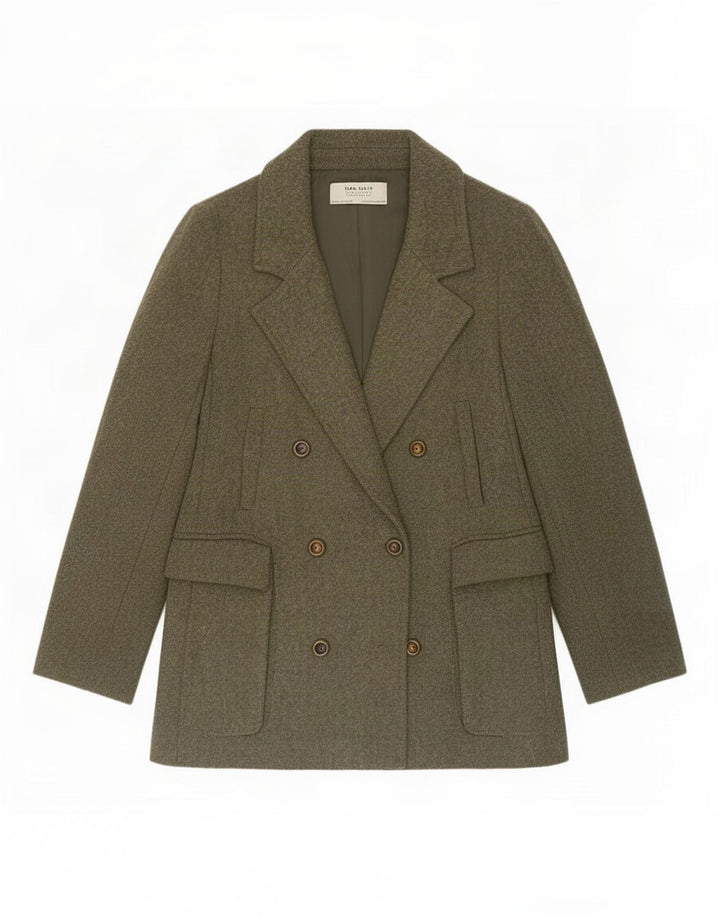 Casaco feminino Zara com peito duplo UK 12 poliéster cáqui médio