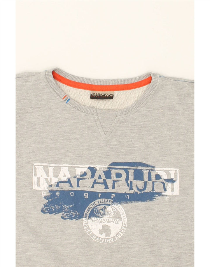 NAPAPIJRI Boys Graphic Sweatshirt Jumper 13-14 Years Grey Cotton Vintage Napapijri and Second-Hand Napapijri from Messina Hembry 