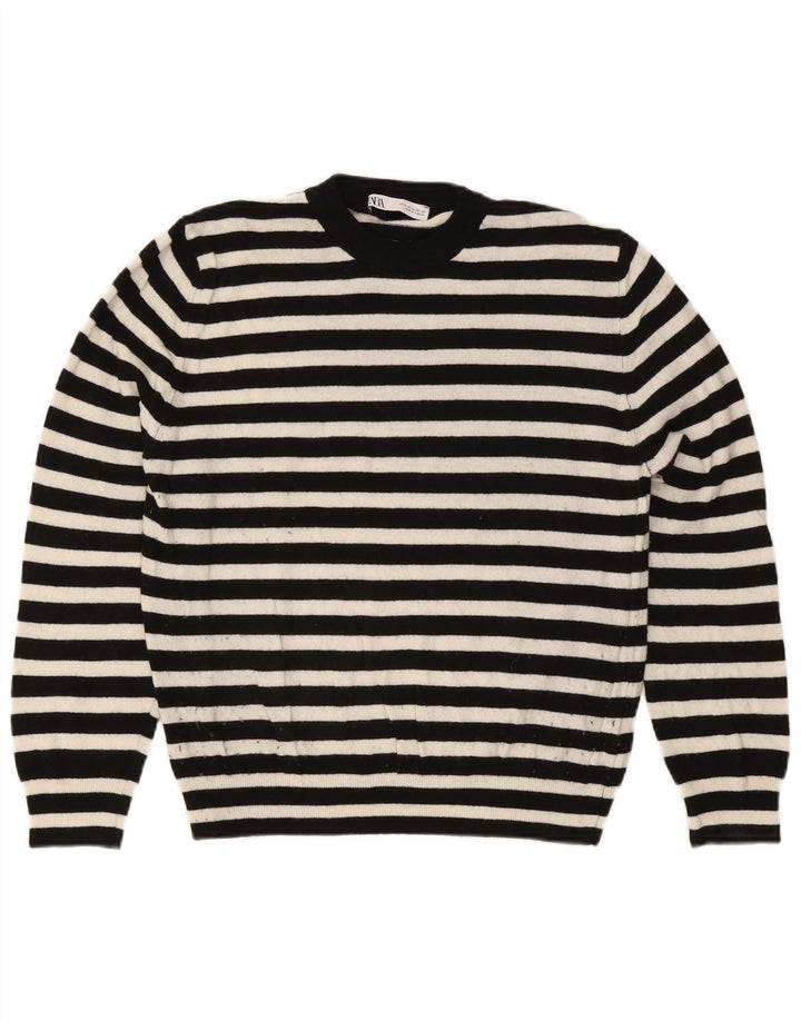 Zara Suéter feminino com gola redonda e gola redonda, poliamida listrada preta média UK 14
