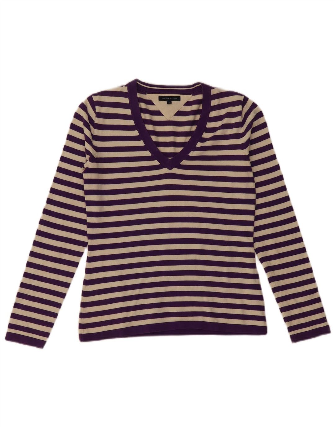 TOMMY HILFIGER Womens V-Neck Jumper Sweater UK 10 Small Purple Striped Vintage Tommy Hilfiger and Second-Hand Tommy Hilfiger from Messina Hembry 