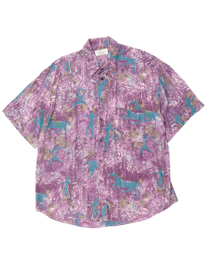Vintage masculino abstrato Padrão camisa de manga curta grande viscose roxa