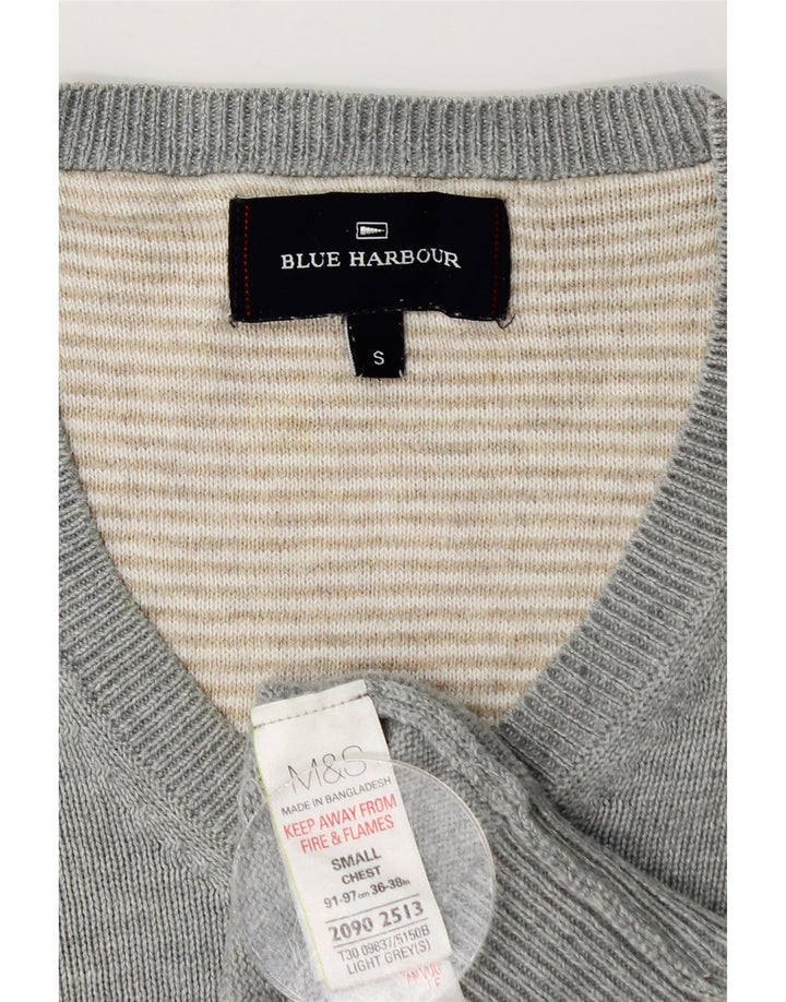 Suéter masculino Marks & Spencer Blue Harbor com decote em V, pequeno algodão cinza