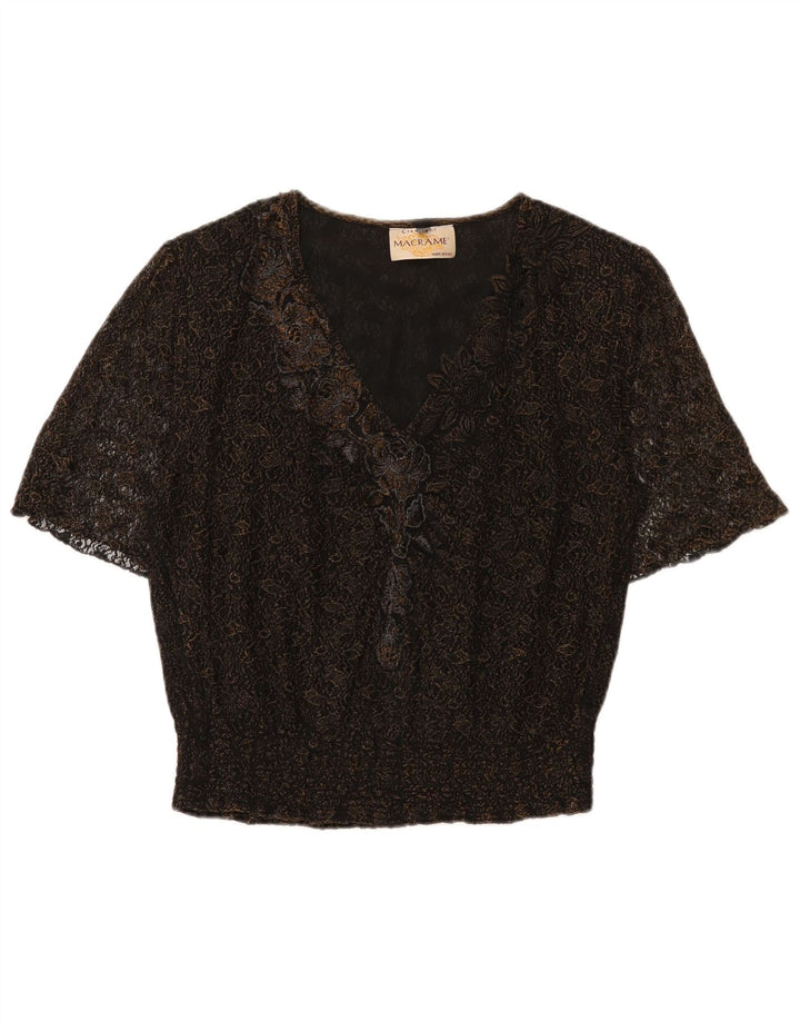 Blusa feminina vintage UK 16 grande floral preta