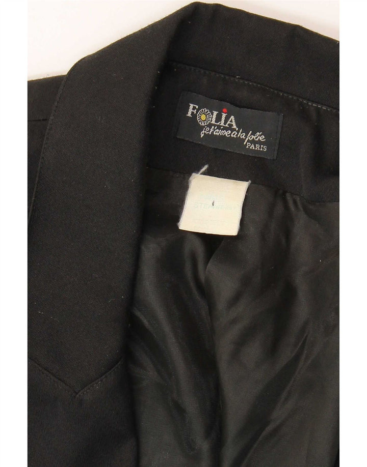 Jaqueta blazer feminina vintage com peito duplo Reino Unido 12 médio preto Paisley