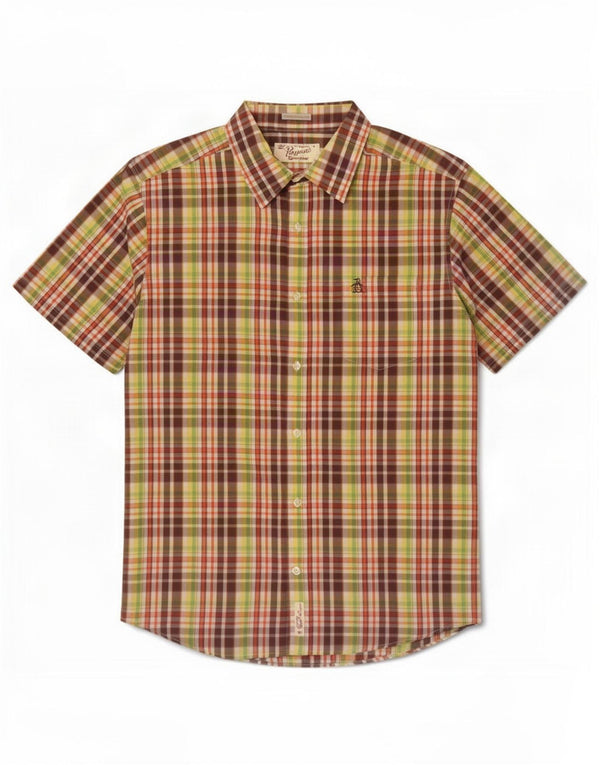 Camisa masculina Penguin Heritage manga curta slim fit grande xadrez multicolorida