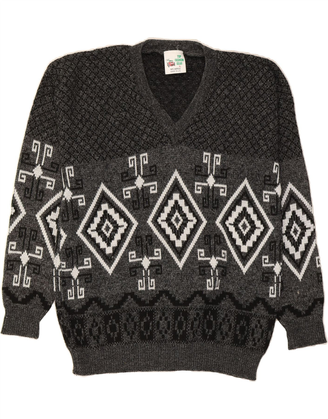 VINTAGE Mens V-Neck Jumper Sweater XL Grey Fair Isle Acrylic Vintage Vintage and Second-Hand Vintage from Messina Hembry 