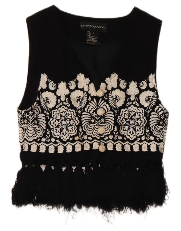 Colete feminino vintage UK 4 pequeno preto floral lã