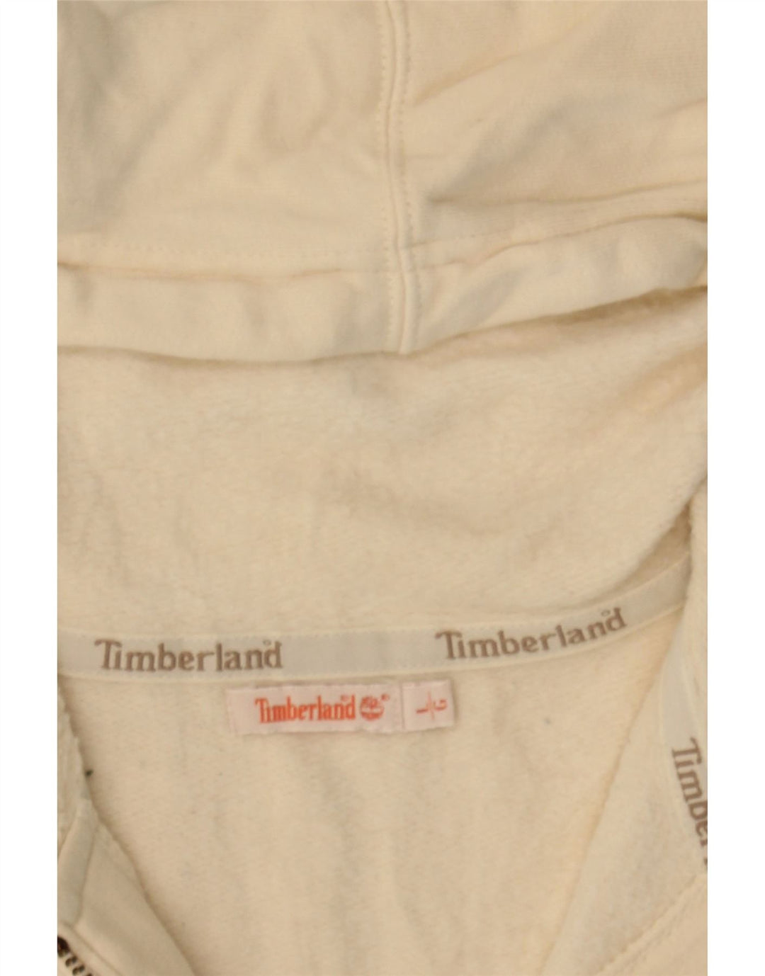 TIMBERLAND Womens Graphic Zip Hoodie Sweater UK 14 Large Beige Cotton Vintage Timberland and Second-Hand Timberland from Messina Hembry 