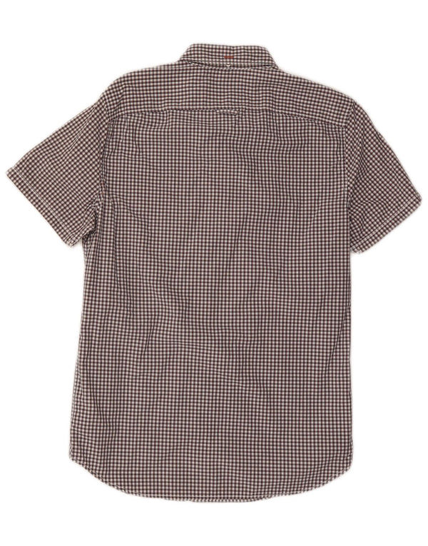 Camisa masculina Timberland manga curta slim fit pequena marrom algodão guingão
