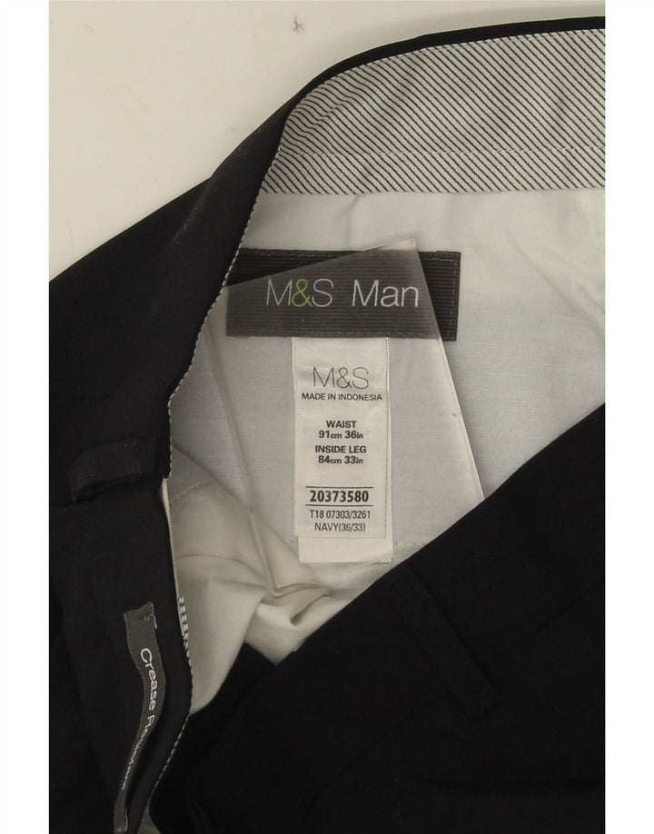 Calça masculina de terno reto Marks & Spencer W36 L33 azul marinho poliéster