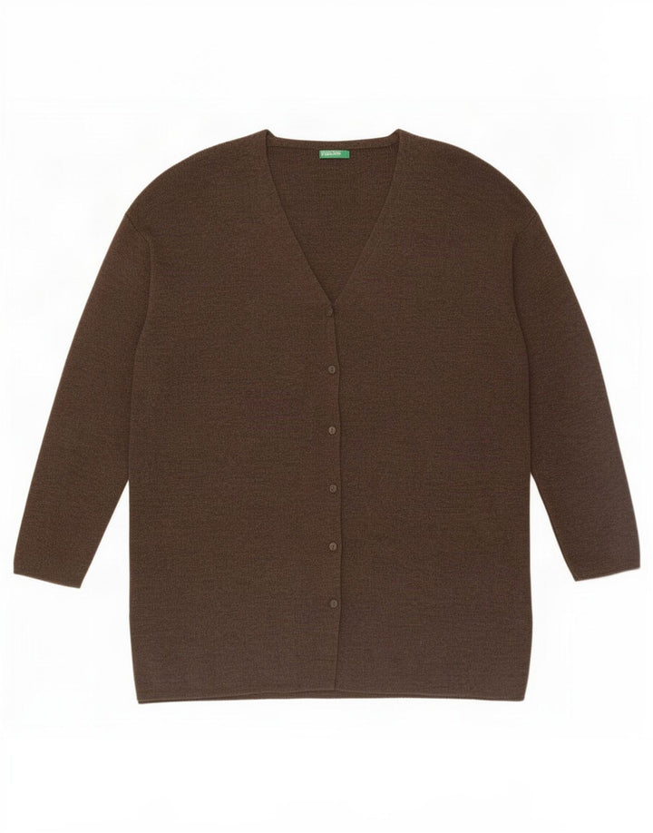 Suéter cardigã feminino Benetton Reino Unido 14 lã marrom médio