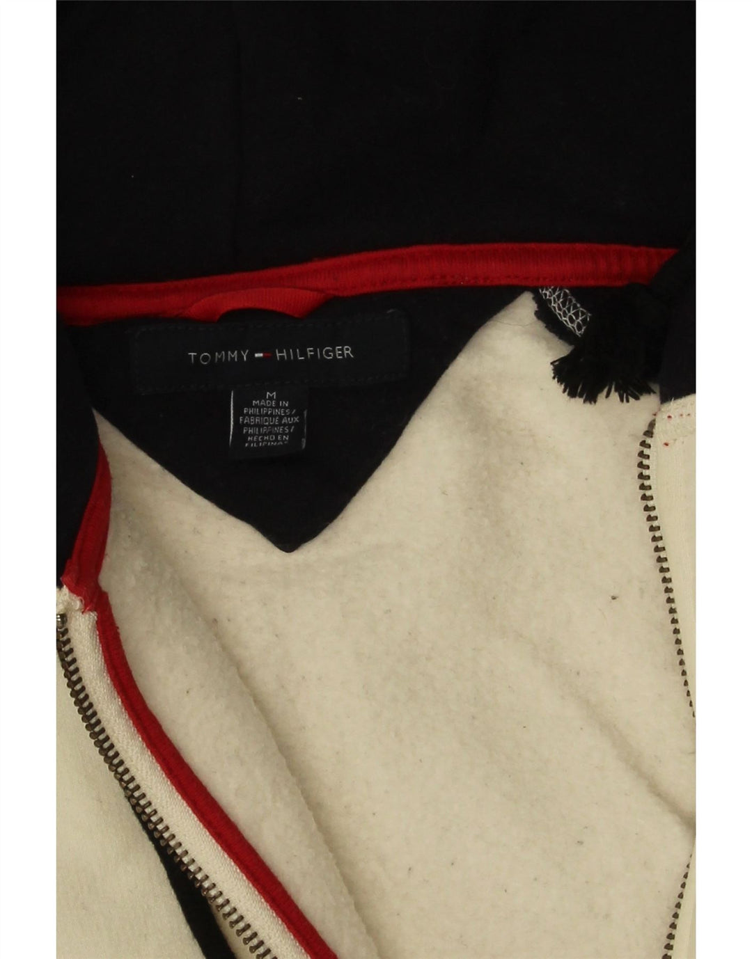 Tommy Hilfiger Suéter masculino com capuz e zíper médio off white colorblock