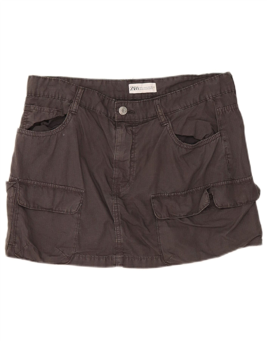 Zara Mini saia cargo feminina grande W30 algodão cinza