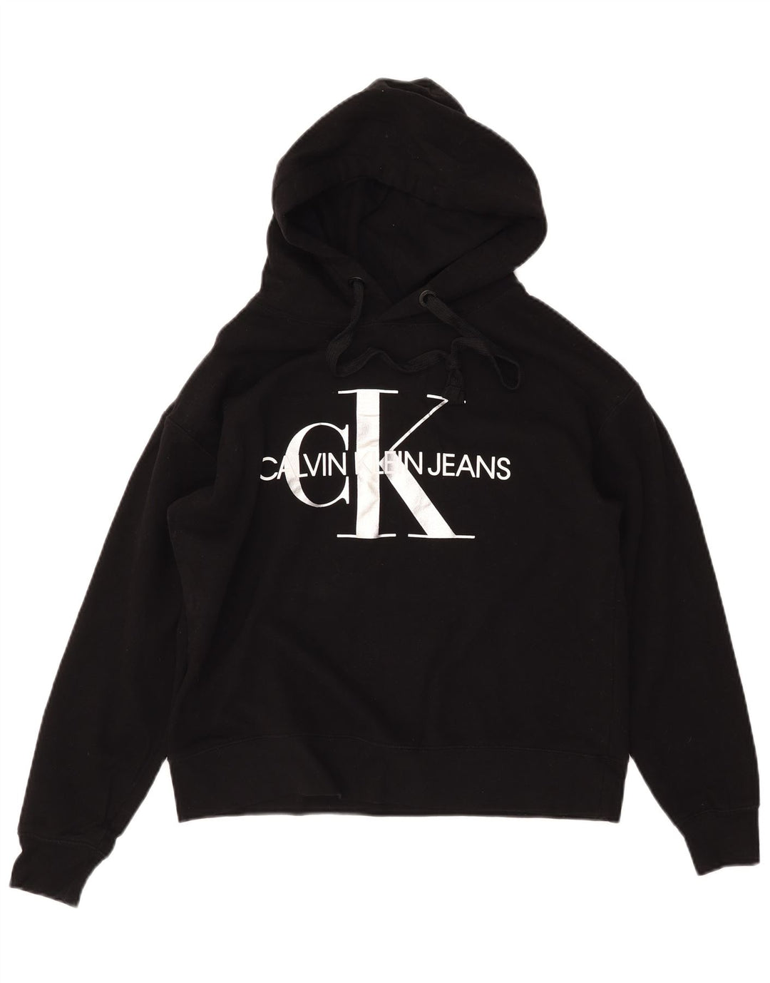 CALVIN KLEIN JEANS Suéter feminino com capuz gráfico UK 14 algodão preto médio