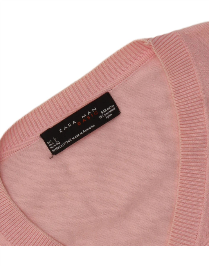 Zara Suéter masculino com decote em V grande rosa Argyle/algodão diamante