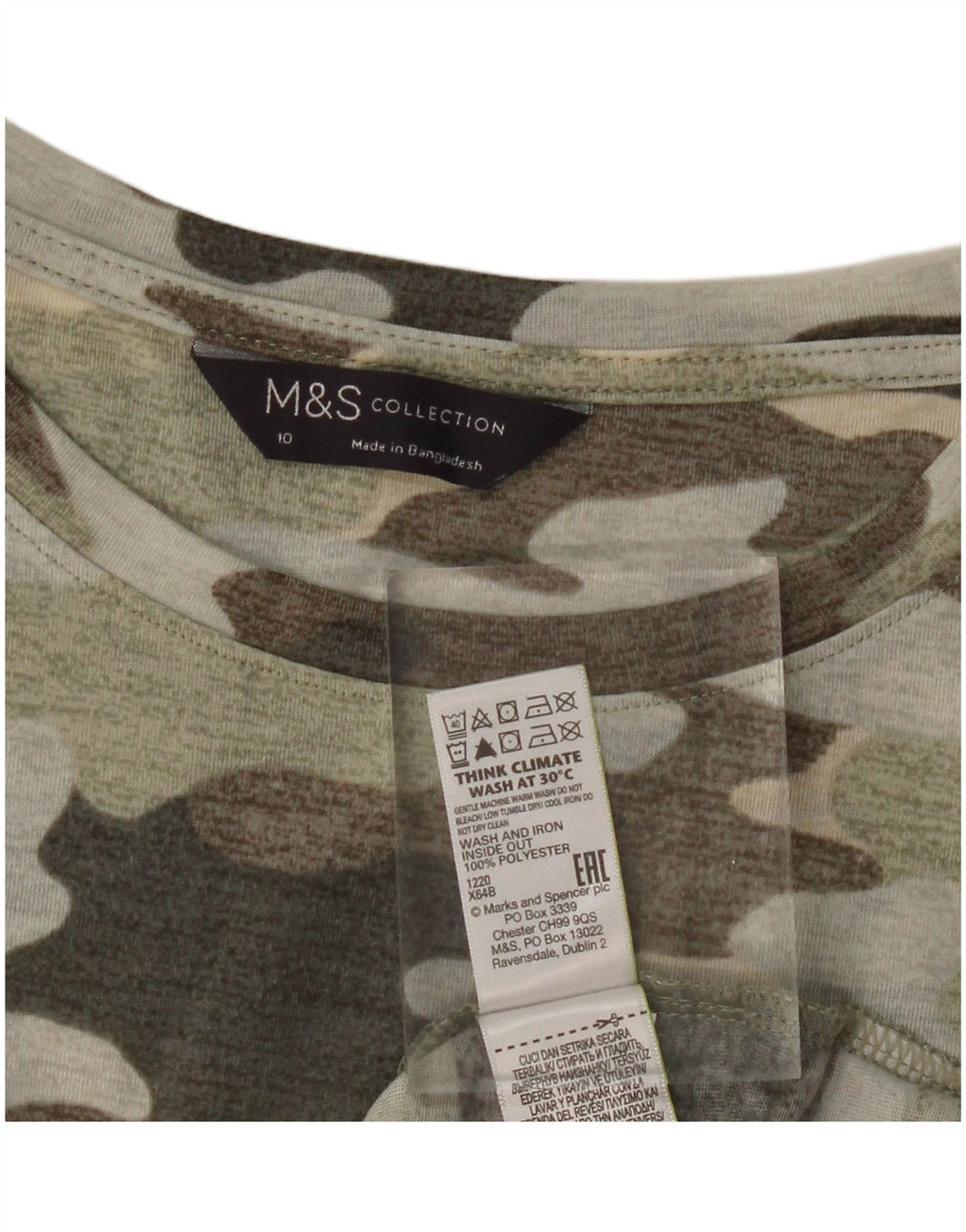 Colete feminino MARKS & SPENCER UK 10 pequeno poliéster camuflado cáqui