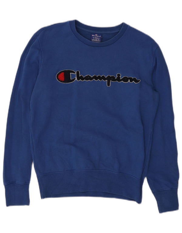 Champion feminino gráfico oversized moletom jumper UK 6 XS azul algodão