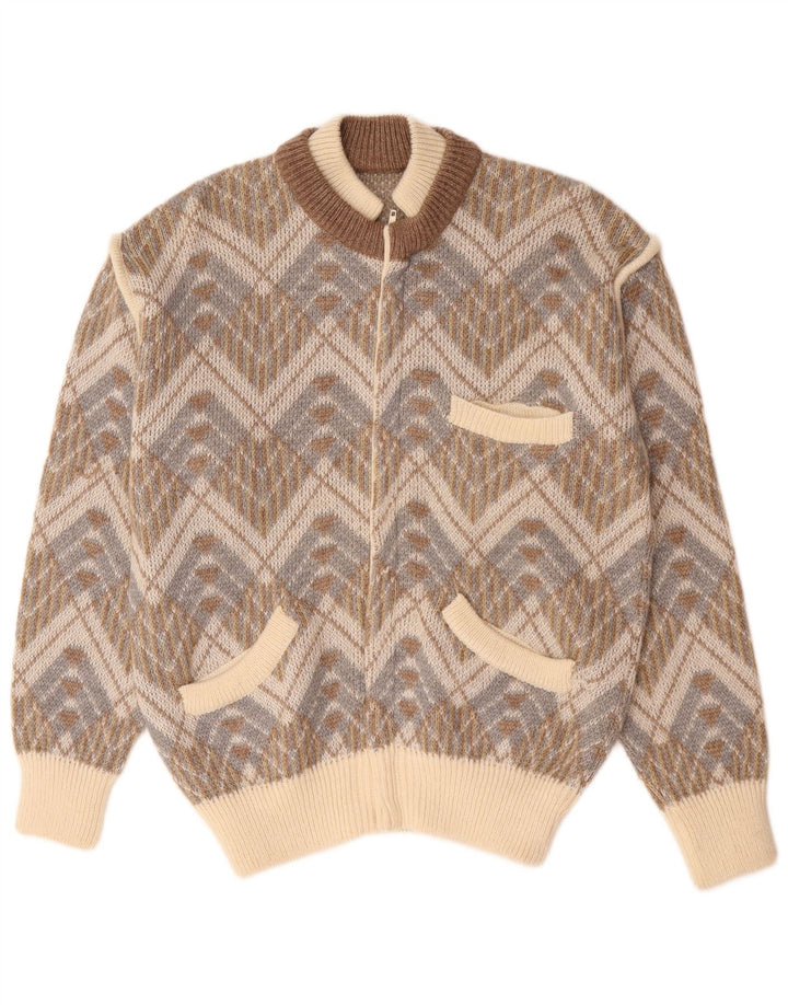 Suéter Cardigan Masculino Vintage Grande Geométrico Bege