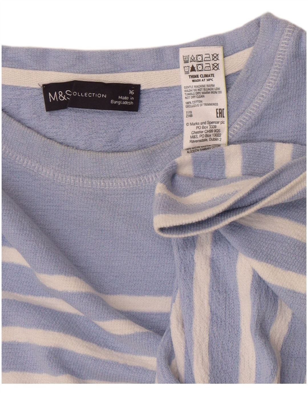 Top feminino Marks & Spencer manga comprida Reino Unido 16 grande algodão listrado azul