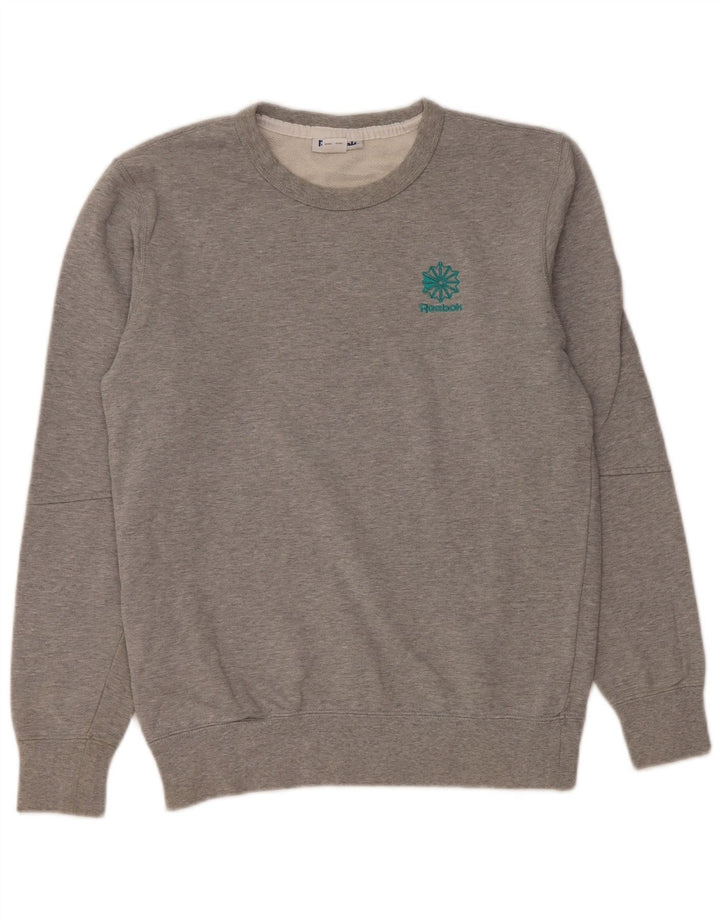 REEBOK moletom feminino oversized jumper UK 10 pequeno algodão cinza