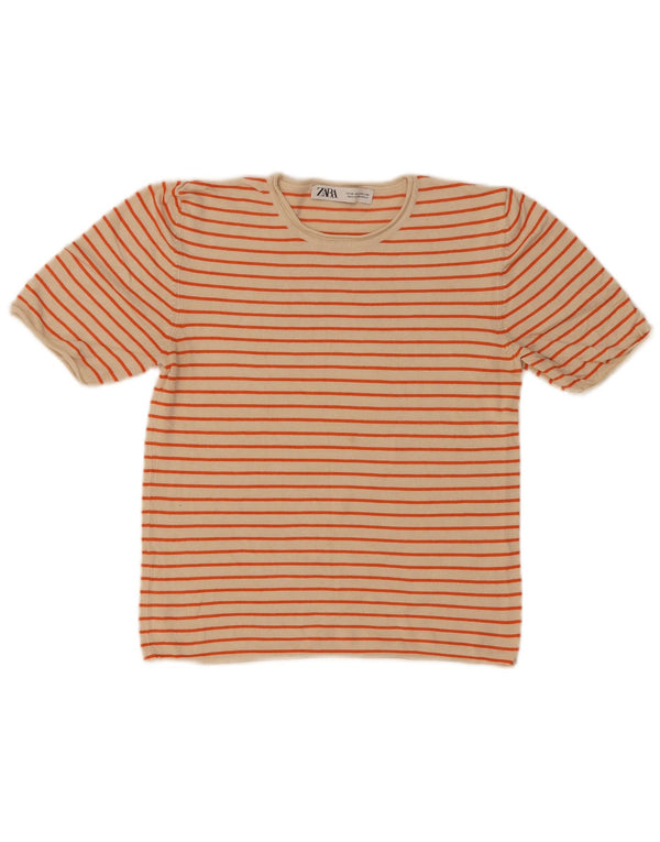 Camiseta feminina Zara Crop Top UK 12 Viscose listrada bege médio