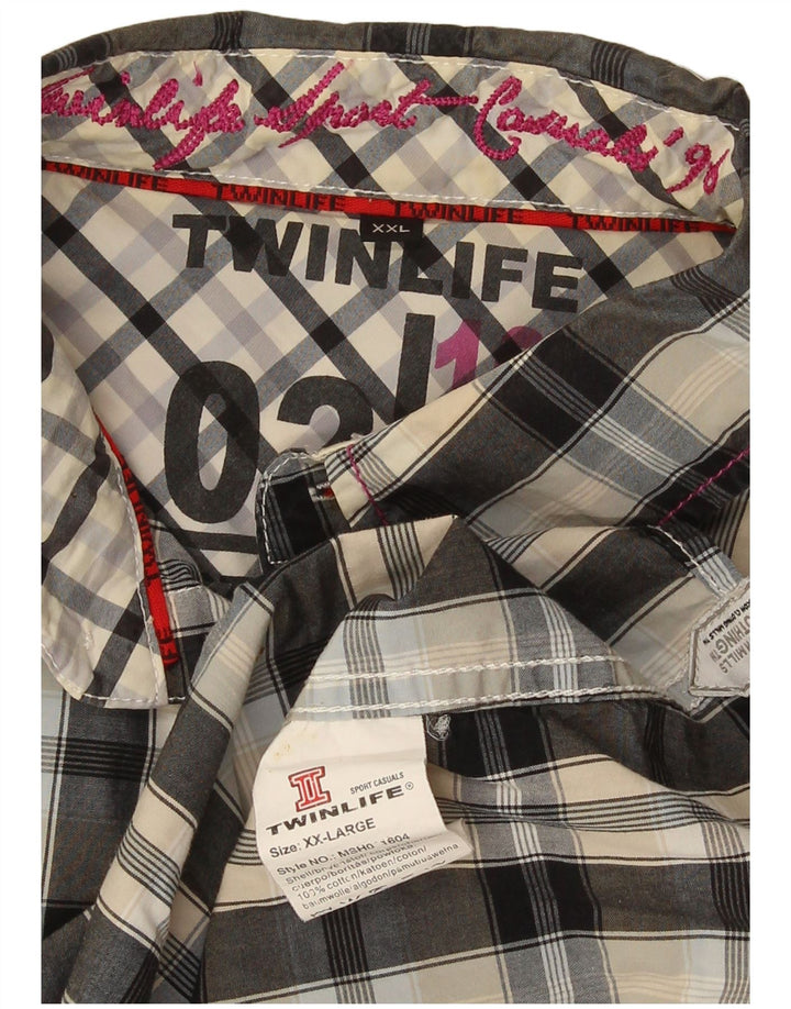 Camisa masculina vintage de manga curta 2XL algodão xadrez cinza