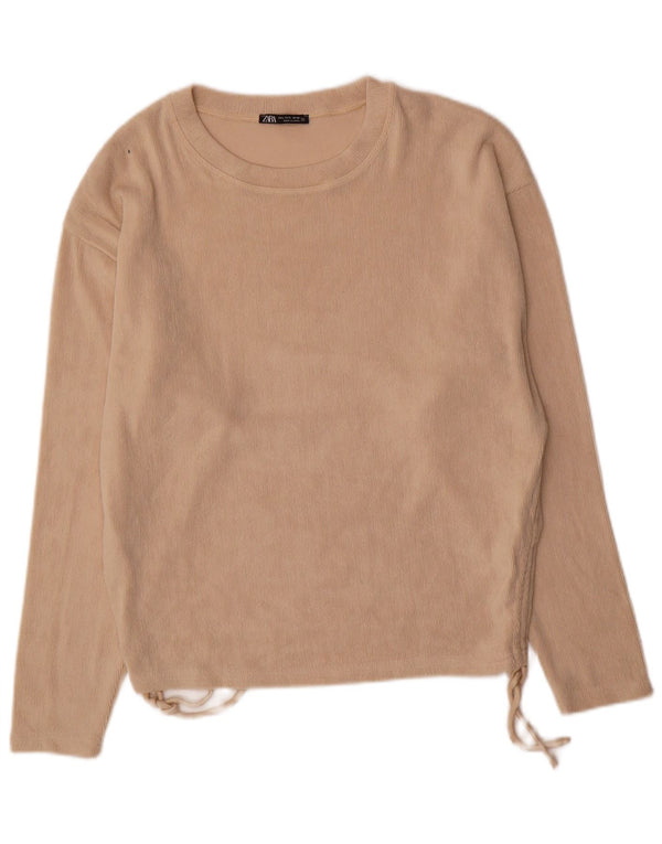 Zara Suéter feminino de veludo com gola canoa Reino Unido 16 grande poliéster bege