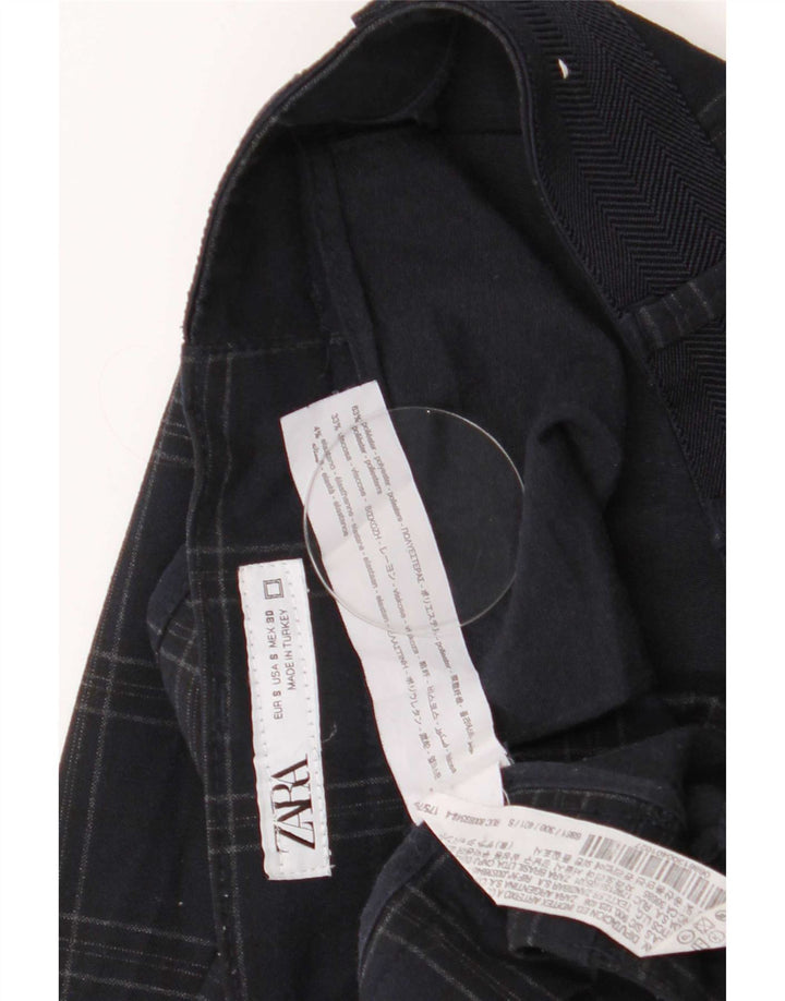 Zara Mens Slim Chino Calças Pequenas W30 L29 Azul Marinho Xadrez Poliéster
