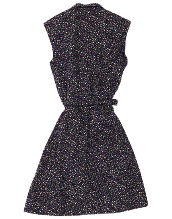 Vestido feminino vintage sem mangas evasê UK 12 médio azul marinho floral