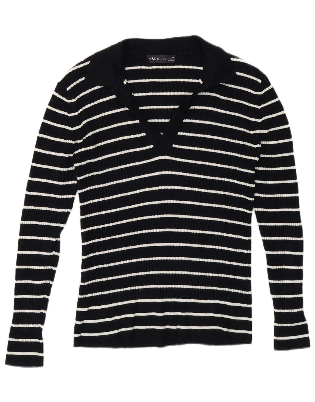 Suéter feminino Marks & Spencer com gola polo e listrado azul médio UK 14