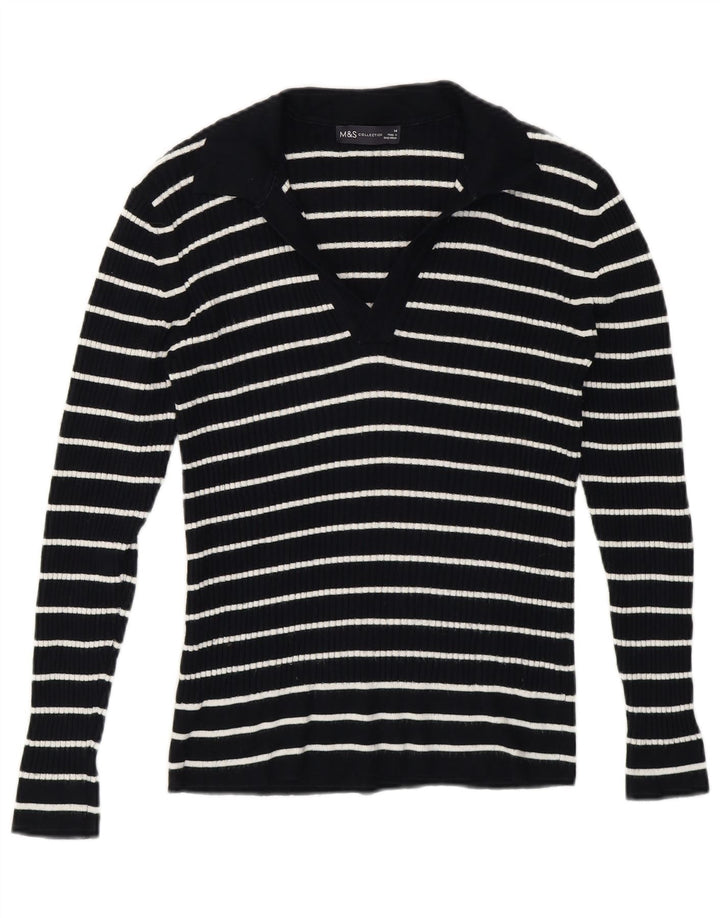 Suéter feminino Marks & Spencer com gola polo e listrado azul médio UK 14