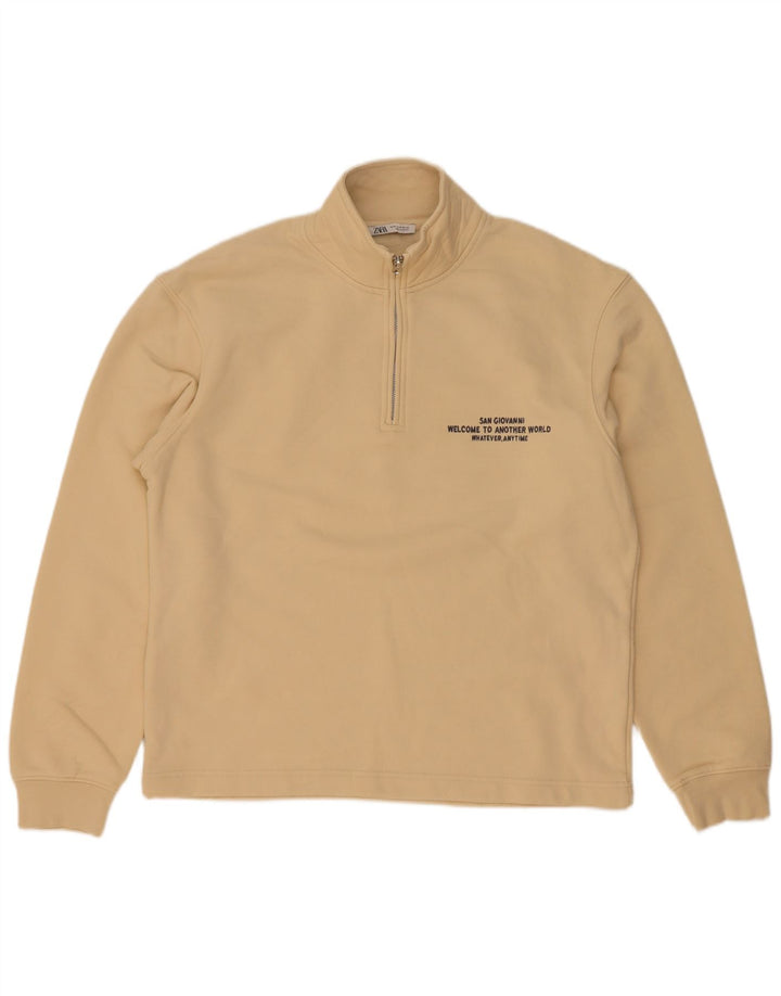 Moletom masculino Zara com capuz gráfico com zíper e algodão bege médio